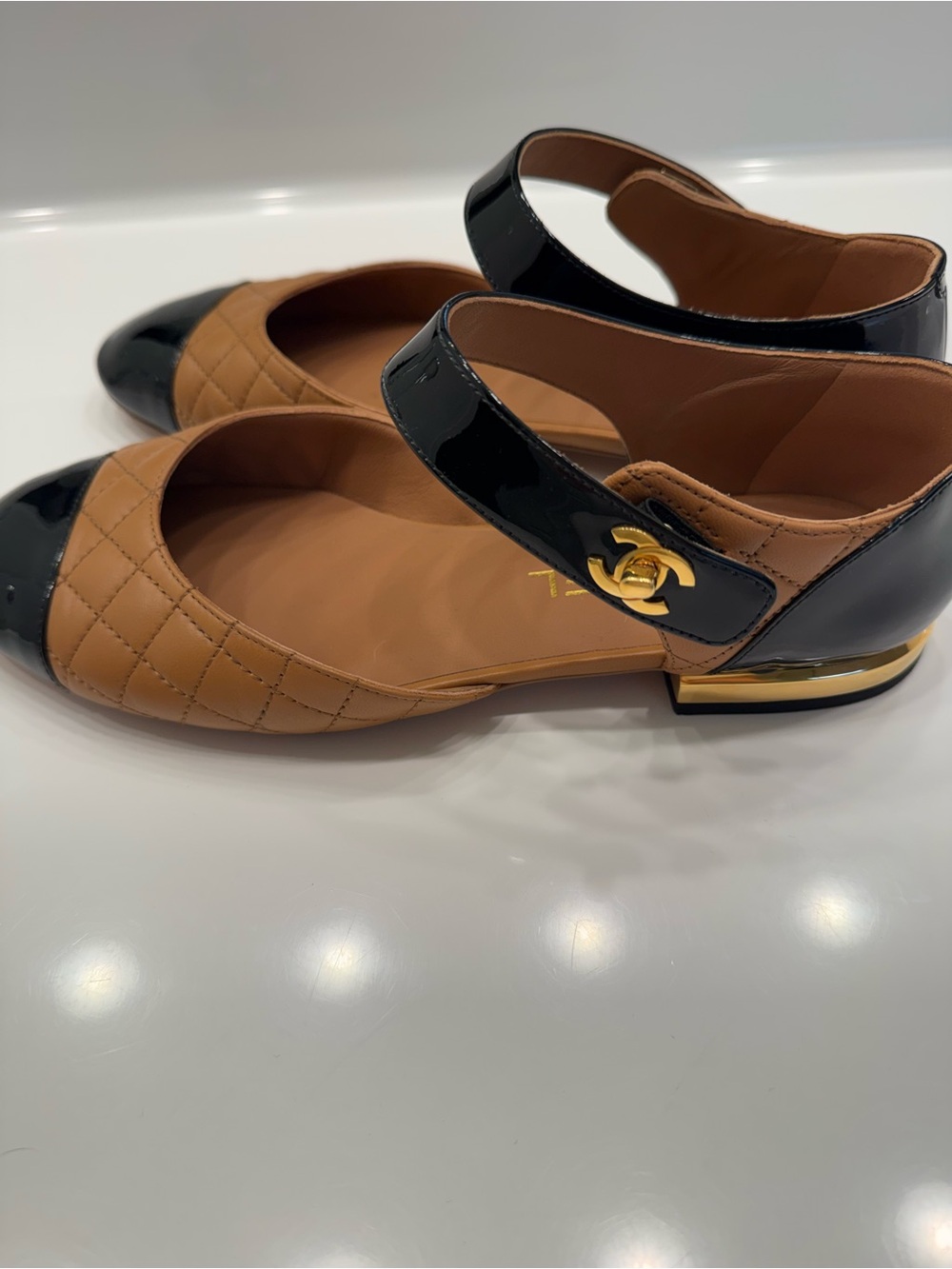CHANEL Two-Tone Quilted Mary Jane Flats in Tan and Black IT38.5 - Picture 2 of 7